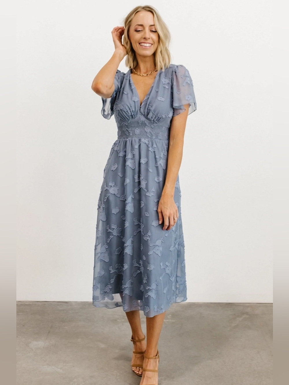 Baltic Born June Smocked Midi Dress in Blue Floral Decal Size XS Wedding Guest